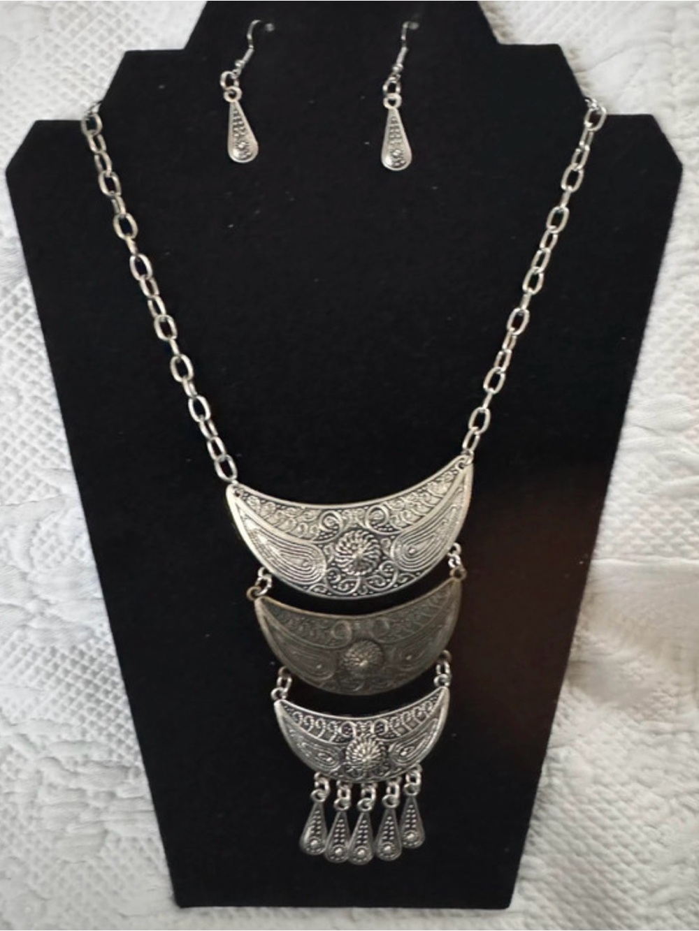 Silver-Tone Crescent Pendant Necklace and Earrings Set